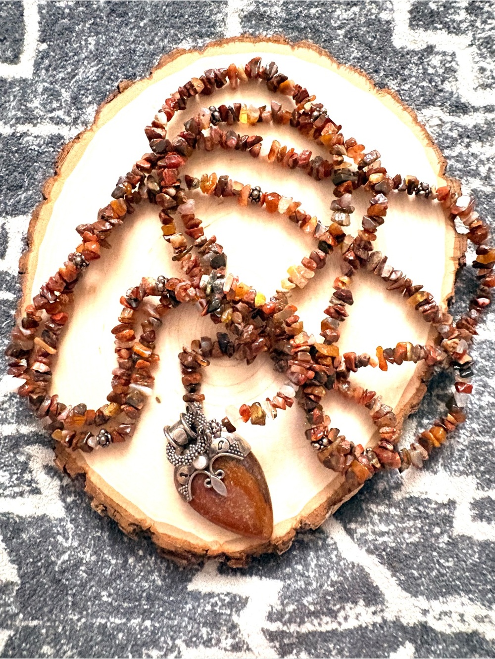 Handcrafted Brown Amber Chip Necklace with Sterling Silver Accent Pendant